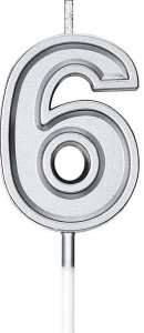 Свеча серебряная на шпажке "Цифра 6" 4,5 см, 1 шт