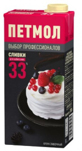 Сливки для взбивания ультрапастеризованные "Петмол" 33%, 1 л Сливки для взбивания ультрапастеризованные "Петмол" 33%, 1 л