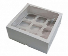 Коробка для кексов с окном белая, 9 ячеек 25*25*10 см