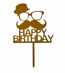 Топпер Happy Birthday (усы со шляпой) золотой , h=15 см Топпер Happy Birthday (усы со шляпой) золотой , h=15 см