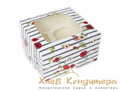 Коробка для кексов с окошком Бордовые цветы, 4 ячейки