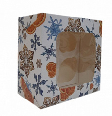 Коробка для кексов с окном Апельсиновая снежинка, 4 ячейки